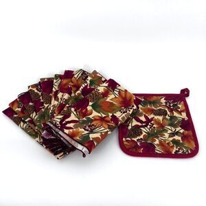 Fall Thanksgiving Cloth Napkins--Set of 10 w/ Potholder Hot Pad Leaves Pinecone